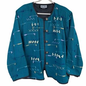 VTG 90s Indigo Moon Teal Fringe Embroidered Artsy Long Sleeve Jacket Size 3X